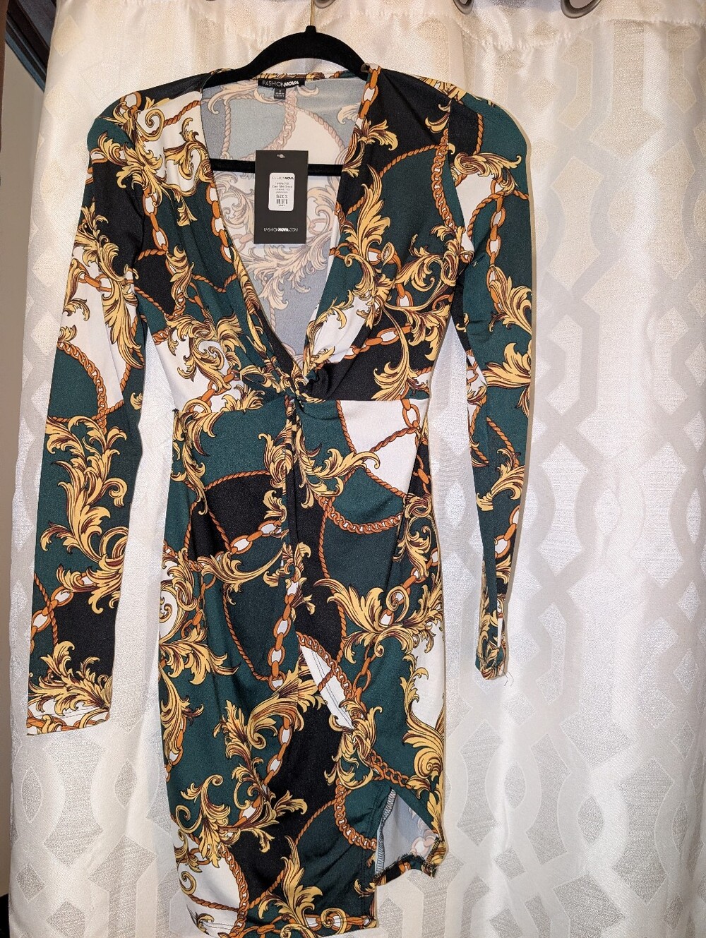 Fashion Nova Emerald & Gold Chain Print Wrap-Style Long Sleeve Dress